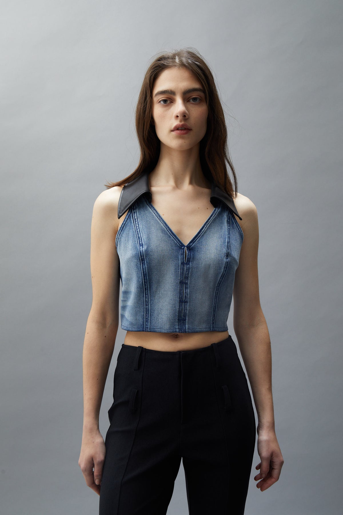 Leather Collar Denim Tank Top