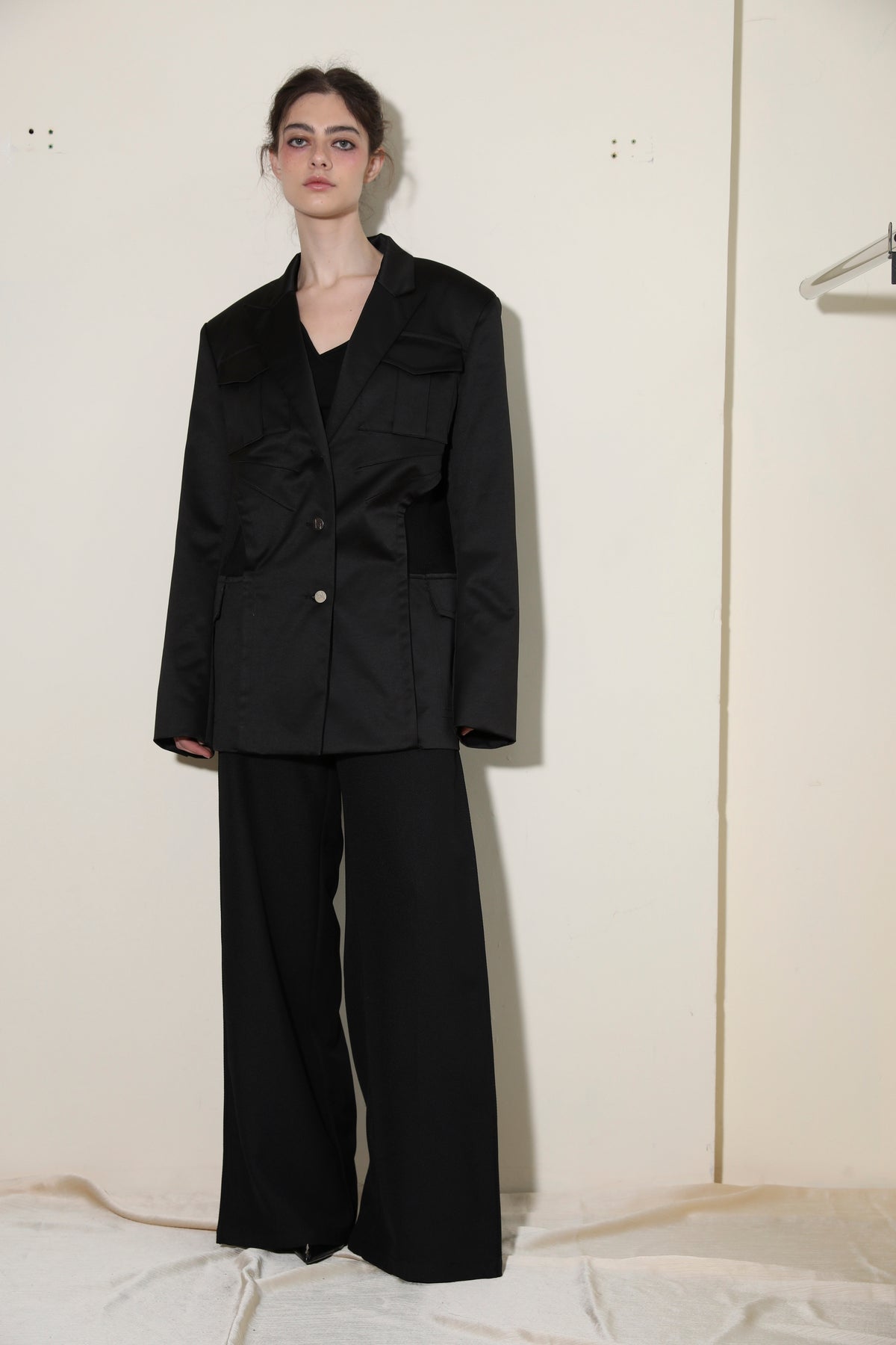 Necessary Ananke Black Pleated Trousers with Leather Belt.