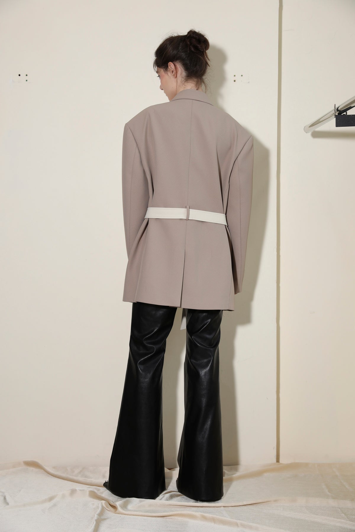 Necessary Ananke Paneled Belted Silhouette Blazer in Neutral Tones.