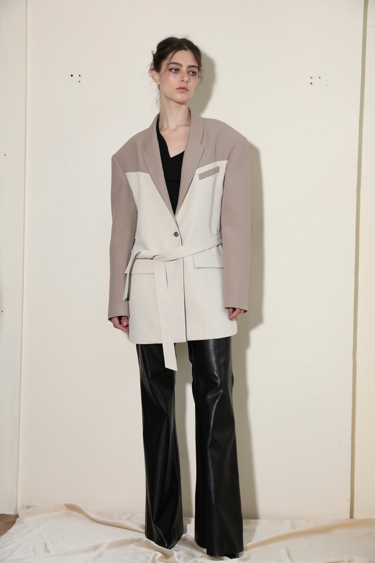 Necessary Ananke Paneled Belted Silhouette Blazer in Neutral Tones.