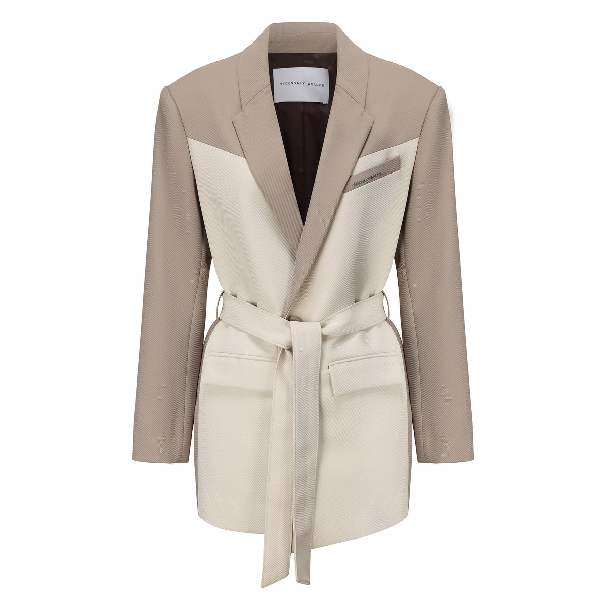 Necessary Ananke Paneled Belted Silhouette Blazer in Neutral Tones.