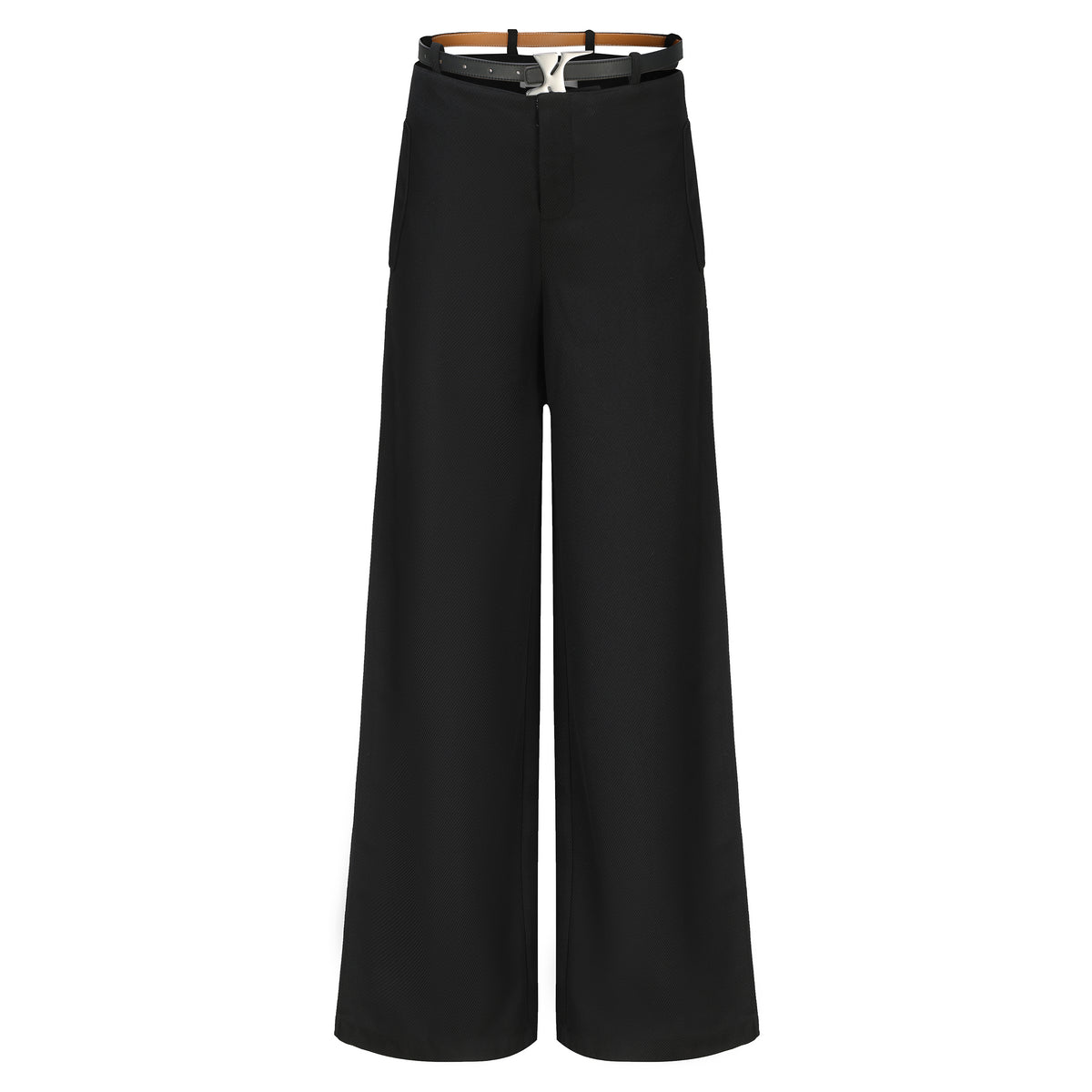 Necessary Ananke Black Pleated Trousers with Leather Belt.