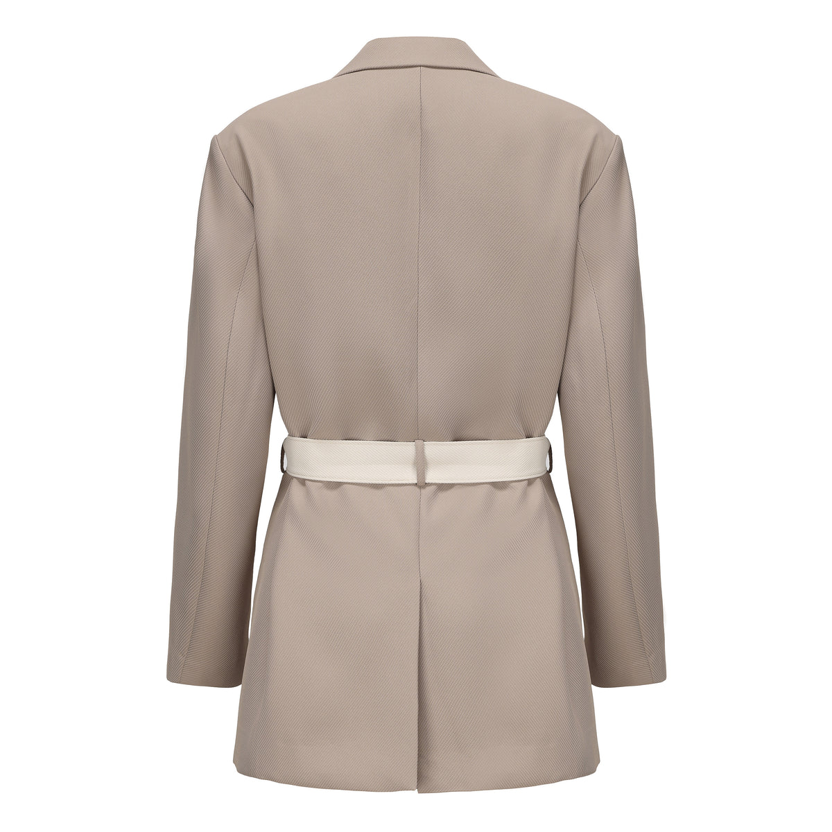 Necessary Ananke Paneled Belted Silhouette Blazer in Neutral Tones.